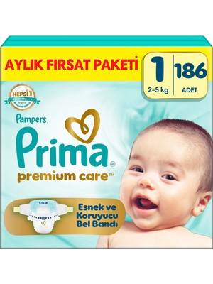 Prima Bebek Bezi Premium Care 1 Numara 186 Adet Aylık Fırsat Paketi