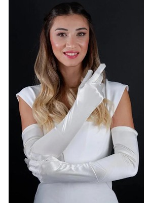 Hayalperest Boncuk Uzun Düğün Gelin Opera  55 cm Eldiveni Nikah Kına Için Özel Abiye Saten Eldiven