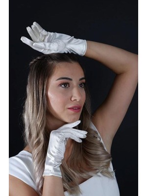 Hayalperest Boncuk Saten Kısa Abiye Eldiven Opera 21 cm Boy Nişan Düğün Balo Gece Elbisesi Şık Aksesuar