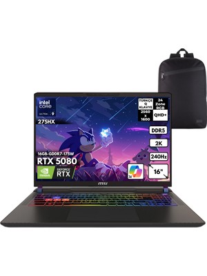 MSI Msı Vector 16 Hx Aı Ultra 9-275HX 40-Gbddr5 2 Tbssd RTX5080 (16 GB-GDDR7-175W) 16" 2k Qhd+ Windows 10 Home + Hmf Sırt Çantası A2XWIG-090XTRHMF70