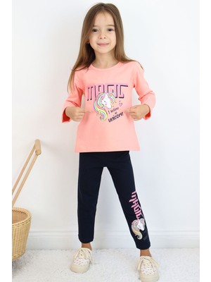 Breeze Kız Çocuk Taytlı Takım Unicorn Baskılı 1.5-5 Yaş, Somon