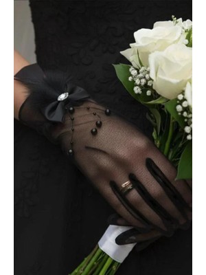 Hayalperest Boncuk Hayal Tül Inci Sarkıtlı ve Tüy Detaylı Kristal Taşlı Nikah Gelin Eldiveni