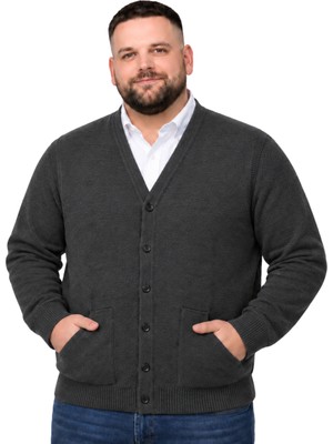 Battal Moda Erkek Büyük Beden Antrasit Cepli Düğmeli Triko Hırka 3xl-4xl-5xl-6xl