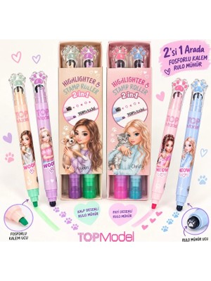 Ylvi TOPModel 2'li Fosforlu Kalem ve Rulo Mühür Seti 2'si 1 Arada Kalp ve Pati Desenli