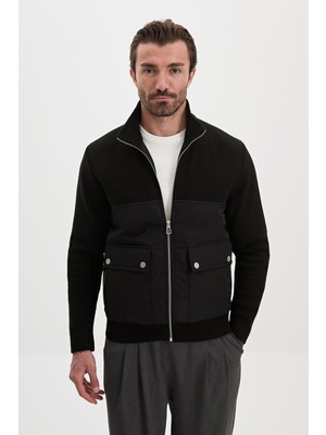MCR Fitilli Slim Fit Dik Yaka Fermuarlı Triko Erkek Mont