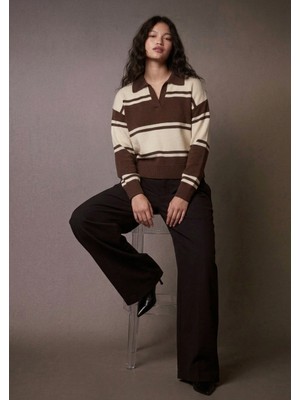 Soft & Basic Polo Yaka Triko Çizgili Comfort Kalıp Sweatshirt