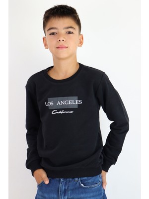 Breeze Erkek Çocuk Sweatshirt Los Angeles Yazı Baskılı 8-14 Yaş, Siyah