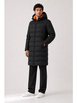 Erkek Uzun Puffer Mont - Parka, Rüzgar ve Su Geçirmez,turuncu Astarlı, Kapüşonlu, Kışlık Mont