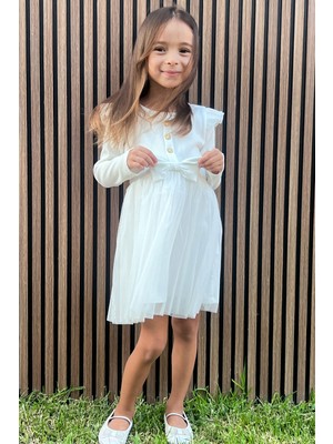 Breeze Kız Çocuk Uzun Kollu Elbise Omzu Fırfır Detaylı Fiyonklu 3-8 Yaş, Ekru