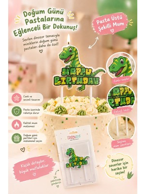 Balonevi Dinozor Figürlü Happy Birthday Pasta Mumu – Sevimli Dino Tema Pasta Süsü ve Mumu (Tek Parça)