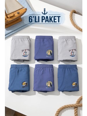Belinoplus Penye Likralı Erkek Çocuk Boxer 6'lı Paket Mini Sailor Desenli Normal Paça İndigo Renk