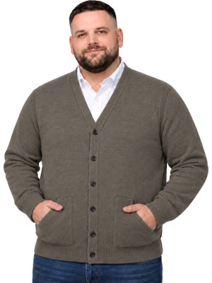 Battal Moda Erkek Büyük Beden Koyu Vizon Cepli Düğmeli Triko Hırka 3xl-4xl-5xl-6xl