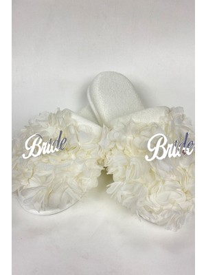Hayalperest Boncuk Beyaz Bride Yazılı Çiçekli Süslü Gelin Terliği