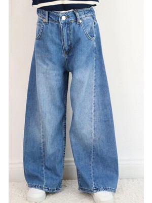 Breeze Kız Çocuk Jean Pantolon Yıkamalı Fermuarlı Düğmeli 4-8 Yaş , Mavi