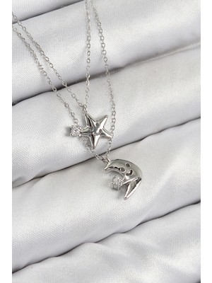 Pileli Store Pirinç Zirkon Taşlı Yıldız ve Ay Model Gümüş Renk Kadın Kolye TG27BKO10423