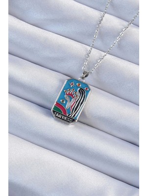 Pileli Store 316L Çelik Zincir Gümüş Renk Taç ve Kız Figürlü Renkli Mineli Tarot Kolye TG27BKO9230
