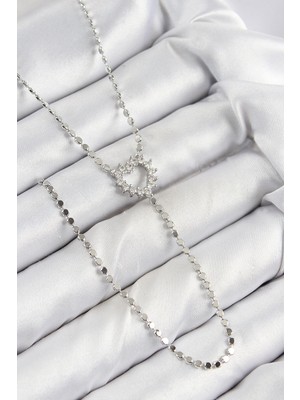 Pileli Store Pirinç Zirkon Taşlı Ezme Zincirli Kalp Model Gümüş Renk Y Kolye TG27BKO10460