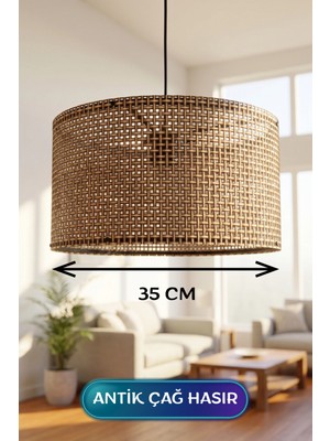 Pileli Store Antik Çağ Hasır Kumaş Başlıklı Sarkıt Avize 35 cm