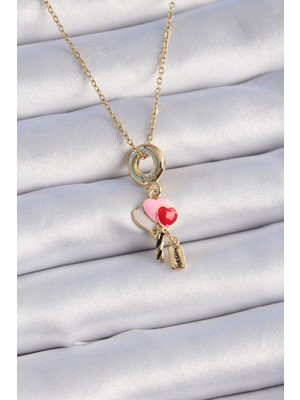 Pileli Store 316L Çelik Gold Renk Renkli Kalp Figür Charm Model Kadın Kolye TG27BKO9320