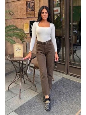 Swana Kadın Kesik Paça Kemer Dahil Ful Likralı Jean Pantolon- Kahverengi