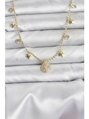 Pileli Store Pirinç Gold Renk Zirkon Taşlı Kutup Yıldızı Model Kadın Kolye TG27BKO10649