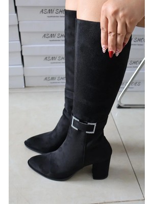 Asmi Shoes Kadın Lamor Siyah Süet Topuklu Yandan Fermuarlı Diz Altı Çizme 410