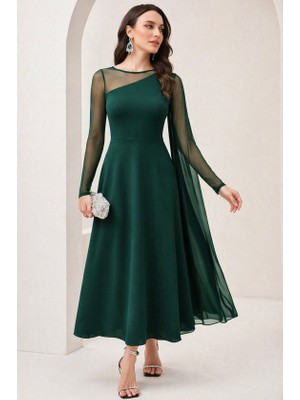 TeknoKapsül Kadın Uzun Kollu Yarı Balıkçı Yaka Tül Detaylı Uzun Sandy Elbise - Yeşil / 2xl-3xl