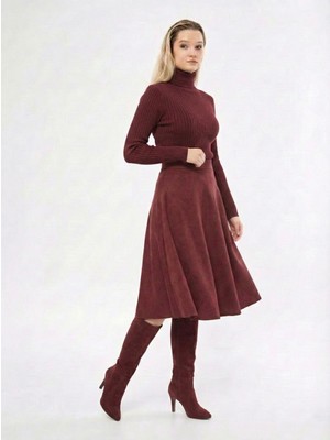 Trendparis Midi Boy Süet Kloş Etek Bordo