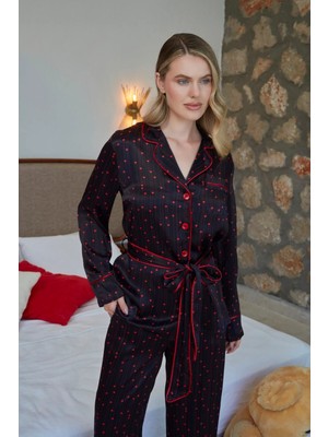 Aqua Uzun Kol Önden Düğmeli Kuşak Detay Pijama Takımı Cossybyaqua 27013