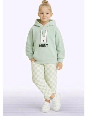 Ay Kids Çocuk Kapüşonlu Rabbit Desenli 3 Iplik Şardonlu Eşofman Takımı (5-8 Yaş) 10761-Y