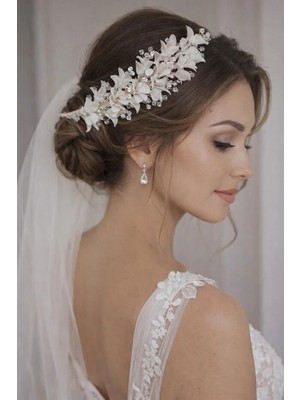 Hayalperest Boncuk Gelin Saç Aksesuarı Kristal Boncuklu Çiçekli Gelin Tacı Nişan ve Nikah Saç Aksesuarı