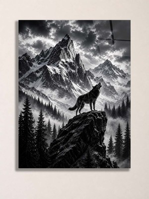North Whiskers Kurt ve Dağ Manzaralı Metal Tablo - Siyah Beyaz Vahşi Doğa Duvar Dekoru, Metal Poster Wall Art