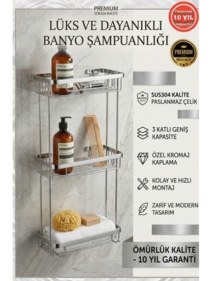Banyom Home Krom Paslanmaz Çelik SUS304 Kalite Taci 3'lü Şampuanlık Banyo Rafı Krom Renk