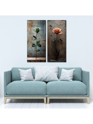 Tilki Dünyası 2'li Vintage Gül Temalı Kanvas Tablo Seti - Rustic Duvar Dekoru (30X70 cm x 2 Parça)