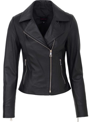 Tergan Siyah Hakiki Deri Kadın Deri Biker Mont - K26KDM320503-Q3H
