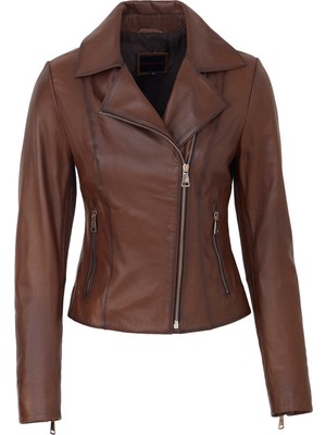 Tergan Taba Hakiki Deri Kadın Deri Biker Mont - K26KDM320503-R46