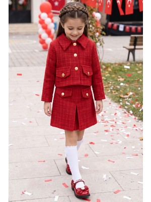 Parla Kids Kız Çocuk Kırmızı Carmen Tüvit Etek Ceket Alt Üst Takım 29 Ekim Gösteri Kıyafeti