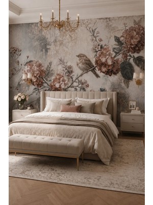 Dreamwall Gümüş Bahçe Kuş ve Botanik Desenli Tek Parça Tekstil Duvar Kağıdı