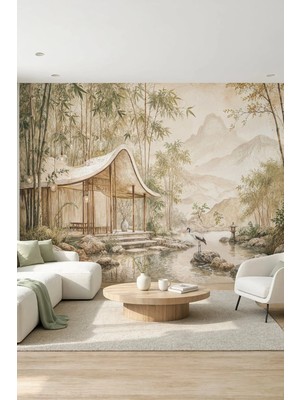 Dreamwall Bambu Sessizliği Bambu Sütunlu Bahçeli Ev Desenli Tek Parça Tekstil Duvar Kağıdı