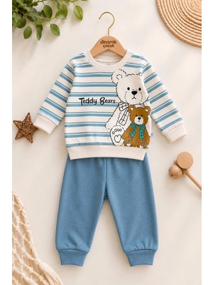 Dinamik çocuk Erkek Bebek Teddy Bears Ayıcık Baskılı Çizgili Sweatshirt ve Alt 2'li Eşofman Takımı 3-6-9-12AY
