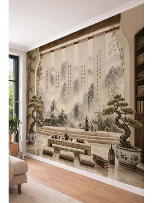 Dreamwall Uzak Doğu Manzaralı Bonsai- Bahçede Çay Sefası Tek Parça Tekstil Duvar Kağıdı