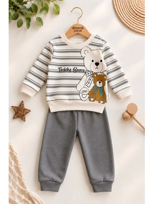 Dinamik çocuk Erkek Bebek Teddy Bears Ayıcık Baskılı Çizgili Sweatshirt ve Alt 2'li Eşofman Takımı 3-6-9-12AY