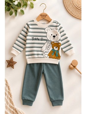 Dinamik çocuk Erkek Bebek Teddy Bears Ayıcık Baskılı Çizgili Sweatshirt ve Alt 2'li Eşofman Takımı 3-6-9-12AY