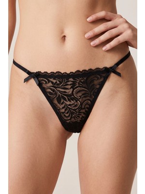 Cm Store Siyah Fiyonk Detaylı Çiçek Dantelli String Külot TM1517