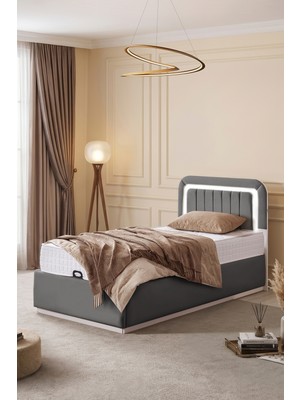Setay Demonte Baza Seti, Valens Ledli Tek Kişilik Baza Başlık Maxi Yatak Seti, Gri - 100X200 cm