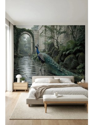 Dreamwall Yağmur Bahçesinin Tavus Kuşu Temalı Tek Parça Tekstil Duvar Kağıdı
