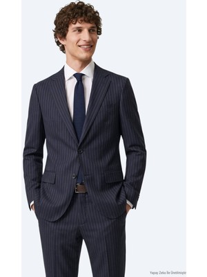Kip Lacivert Çizgili Modern Fit Yün Karışımlı Takım Elbise