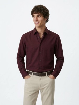 Kip Bordo Düz Regular Fit Uzun Dokuma Casual %100 Pamuk Gömlek