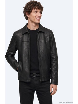 Kip Siyah Regular Fit Gömlek Yaka Casual Deri Deri Mont