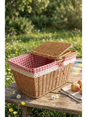 Atbyhome Hasır Piknik Sepeti Dikdörtgen Kapaklı ve Bezli Rattan Sepet Organizer 39X27X18